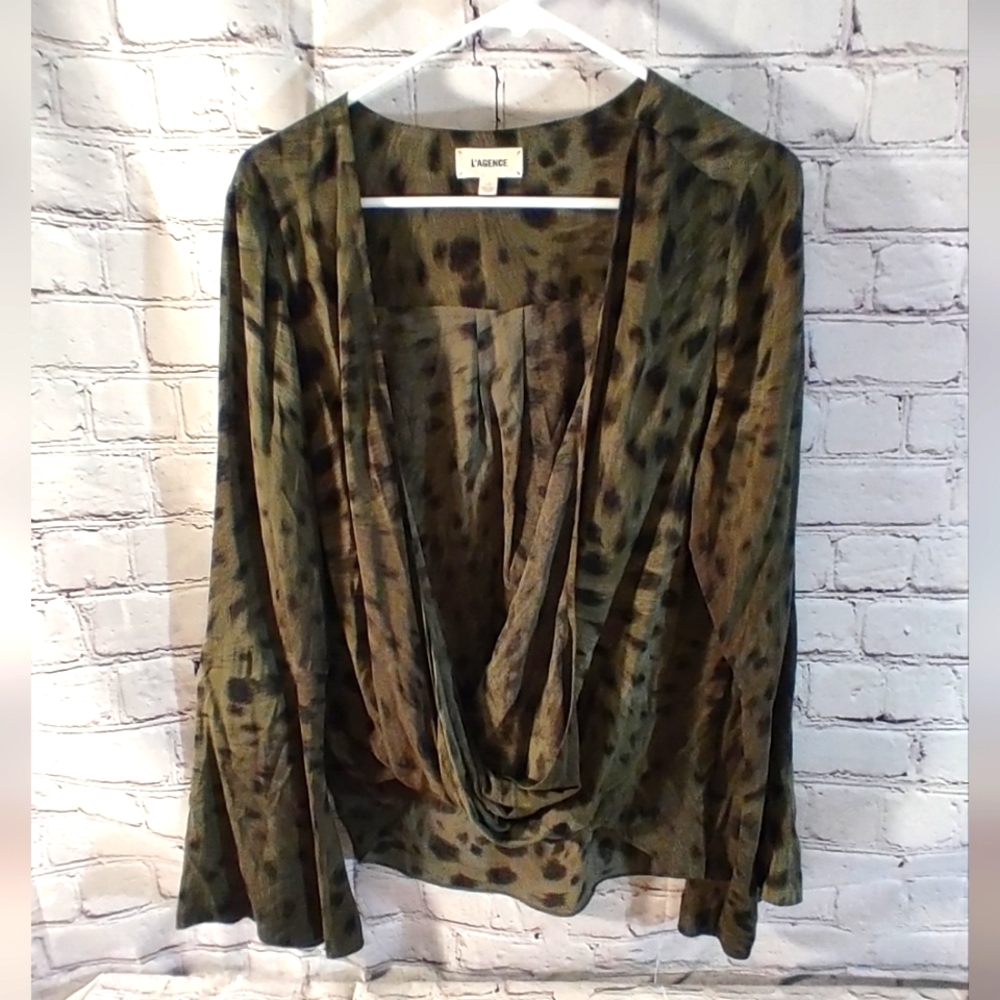 L' AGENCE Mei Bell Surplice Bell Sleeve Olive Blouse Large